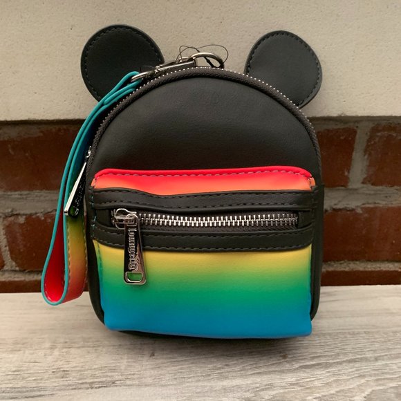 USED-Disney Parks Mickey Mouse Pride Rainbow Loungefly Mini Wristlet Belt Bag - Picture 1 of 7